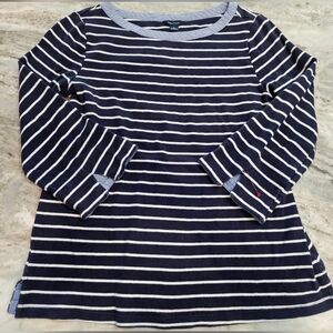Nautica Navy White Striped Shirt Medium 3/4 Sleeve Cotton Boatneck Chambray Trim